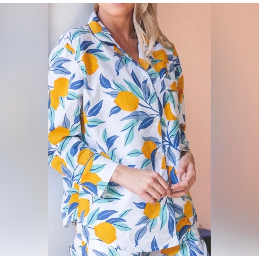 Printfresh Pajama Top Lemon Zest Organic Cotton Large White Yellow Womens